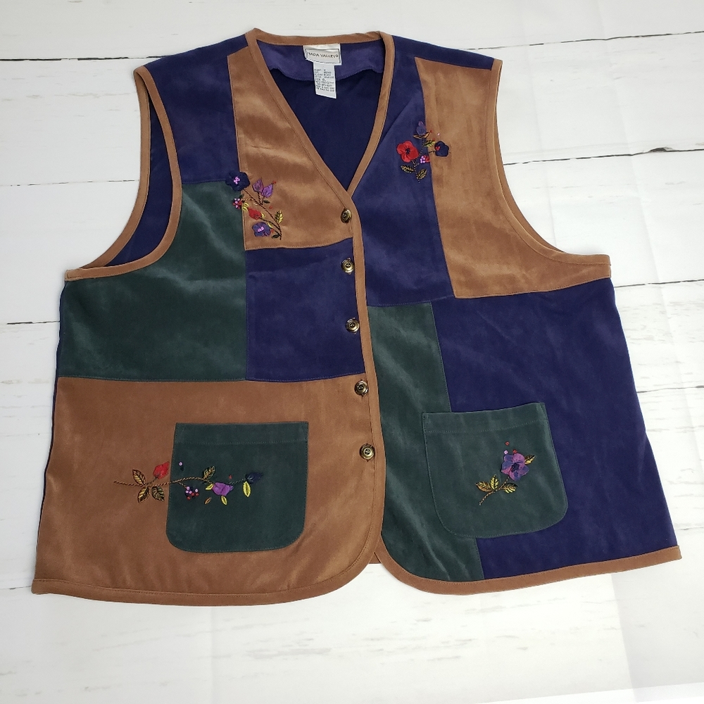 Napa Valley Vintage Floral Embroidered Vest Boho XL Blue Green